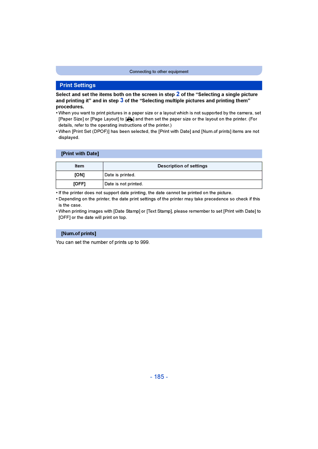 Panasonic DMC-SZ9 manual 185, Print Settings, Print with Date, Num.of prints, You can set the number of prints up to 