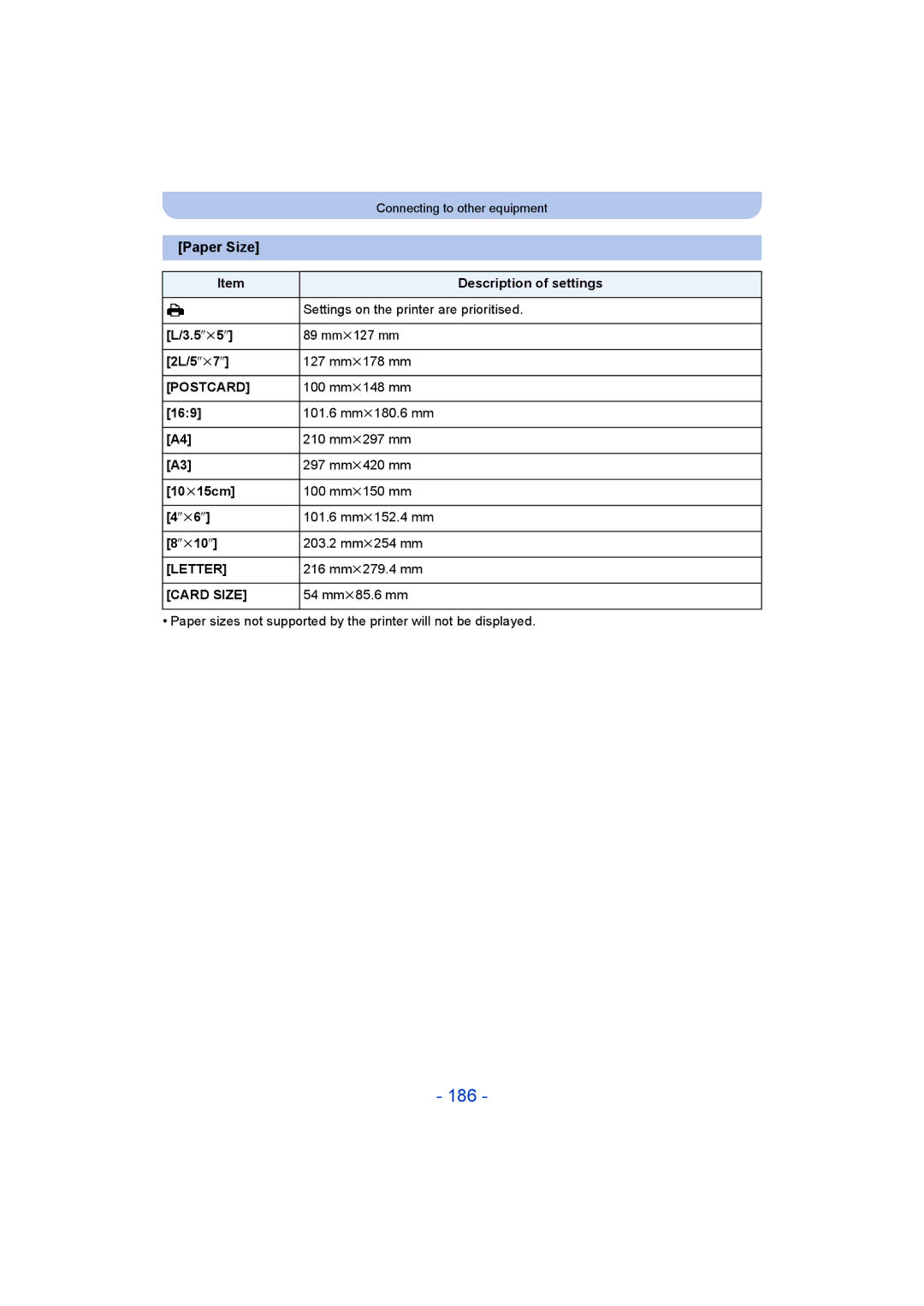 Panasonic DMC-SZ9 manual 186, Paper Size 