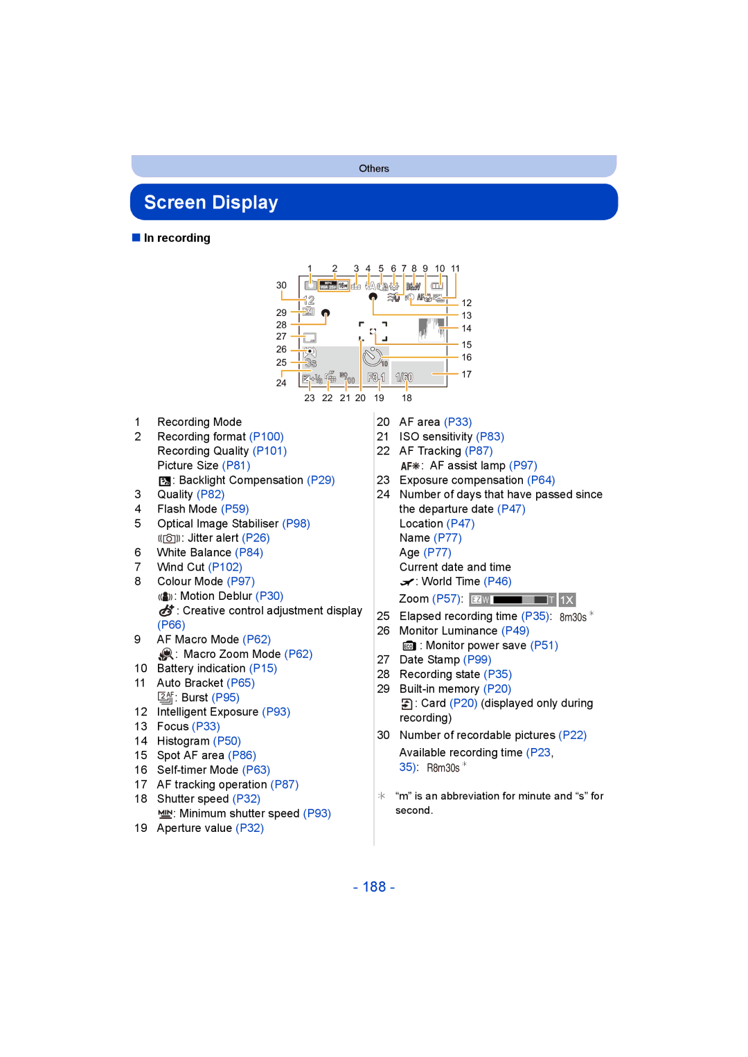 Panasonic DMC-SZ9 manual Screen Display, 188, Recording 