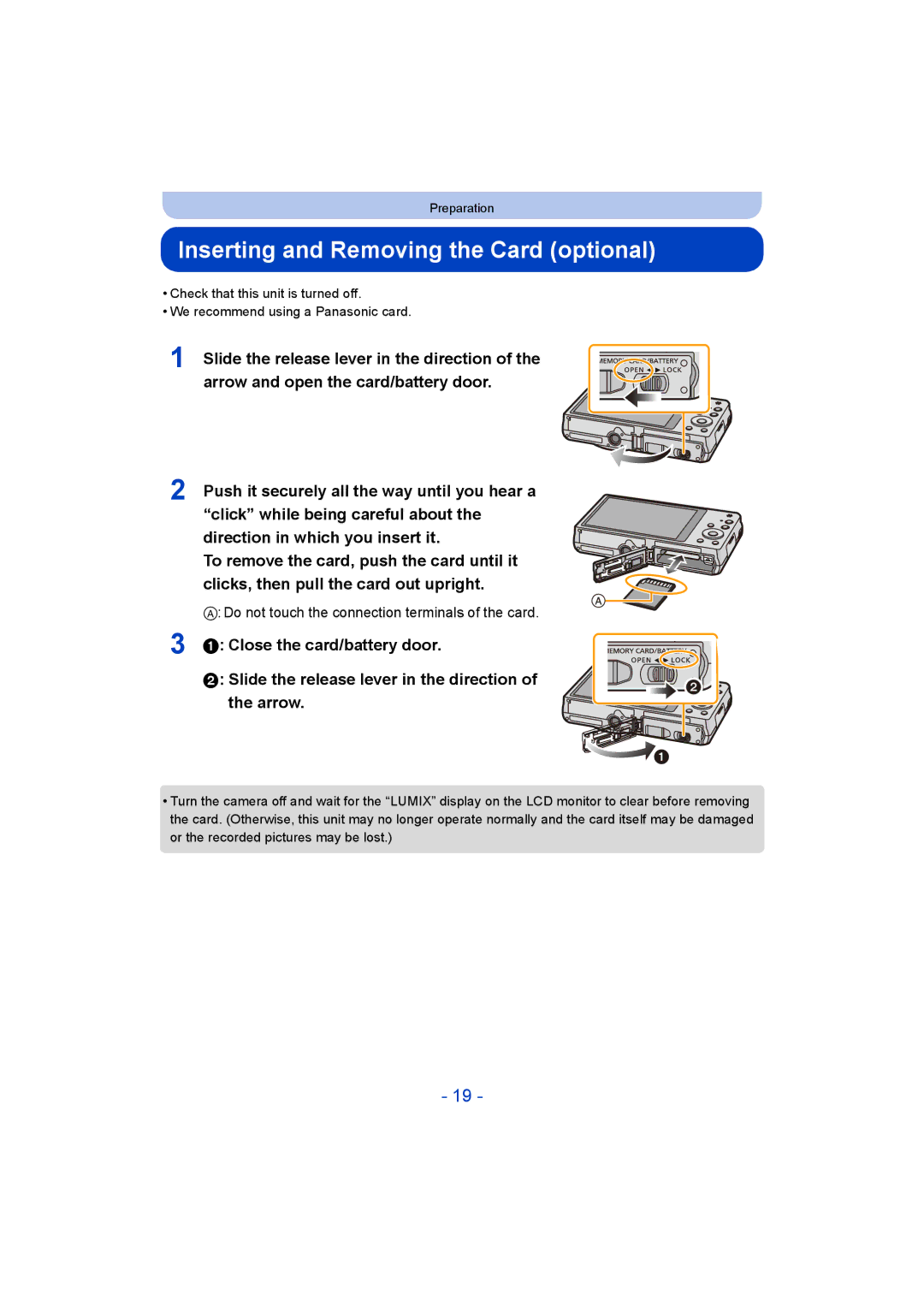 Panasonic DMC-SZ9 manual Inserting and Removing the Card optional, Do not touch the connection terminals of the card 