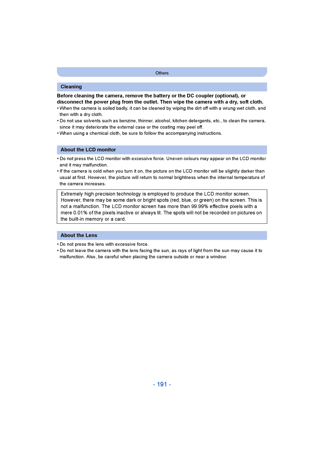 Panasonic DMC-SZ9 manual 191, Cleaning, About the LCD monitor, About the Lens 