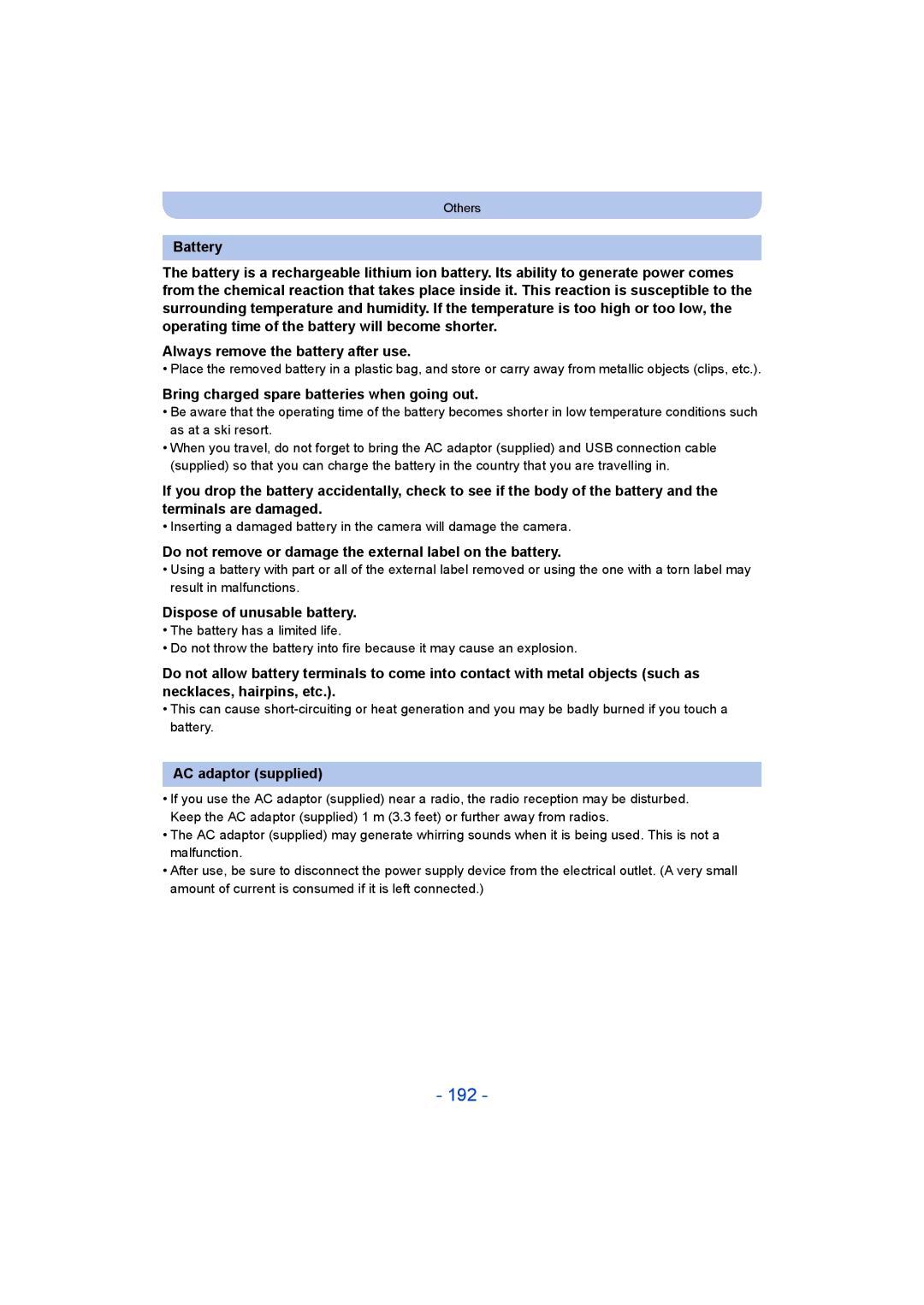 Panasonic DMC-SZ9 192, Bring charged spare batteries when going out, Dispose of unusable battery, AC adaptor supplied 