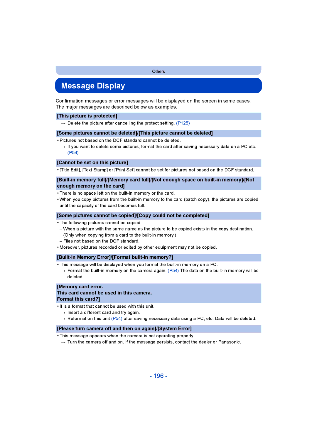 Panasonic DMC-SZ9 manual Message Display, 196 