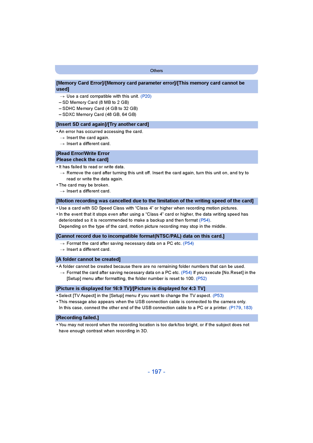 Panasonic DMC-SZ9 manual 197, Insert SD card again/Try another card, Folder cannot be created, Recording failed 