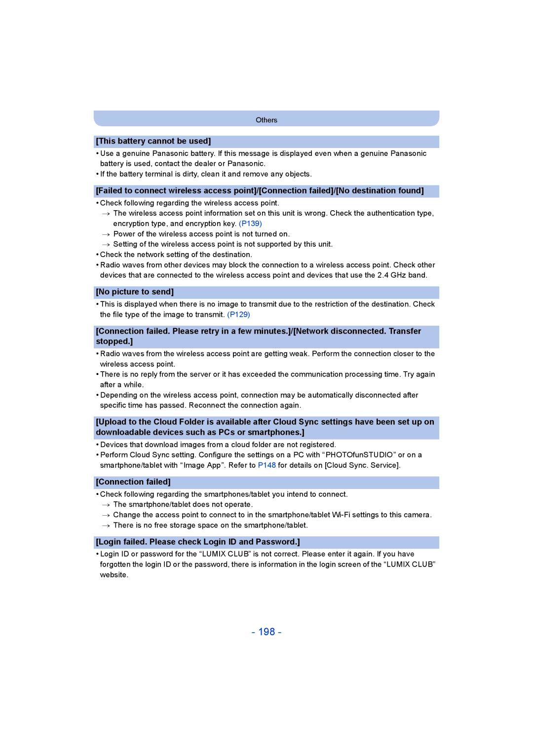 Panasonic DMC-SZ9 manual 198, This battery cannot be used, No picture to send, Connection failed 