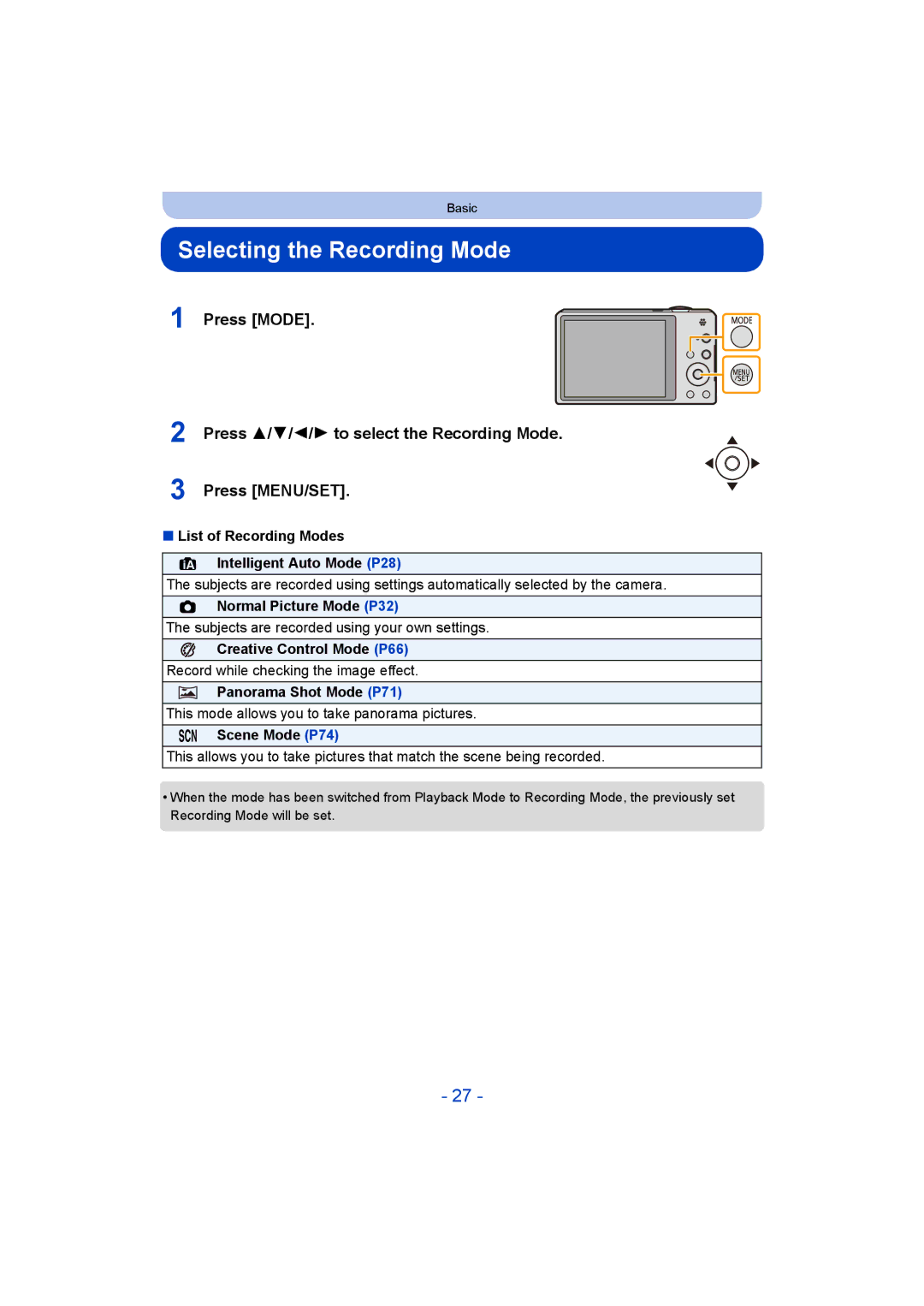 Panasonic DMC-SZ9 manual Selecting the Recording Mode 