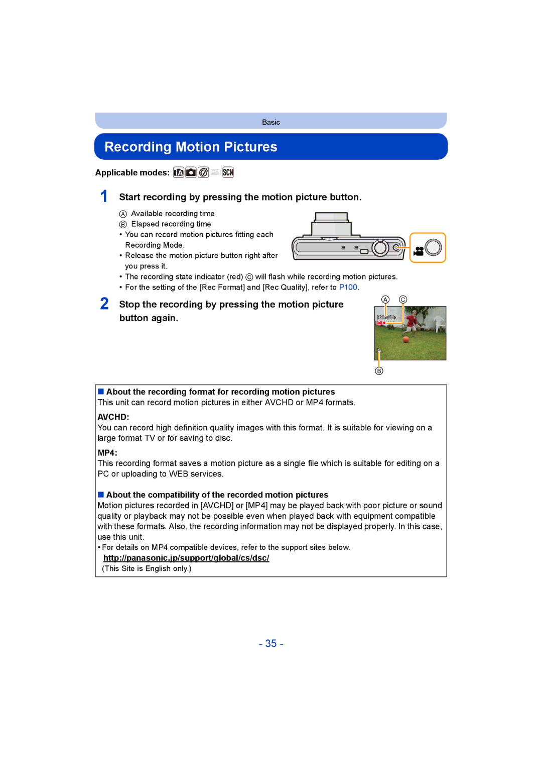 Panasonic DMC-SZ9 manual Recording Motion Pictures, Start recording by pressing the motion picture button, Applicable modes 