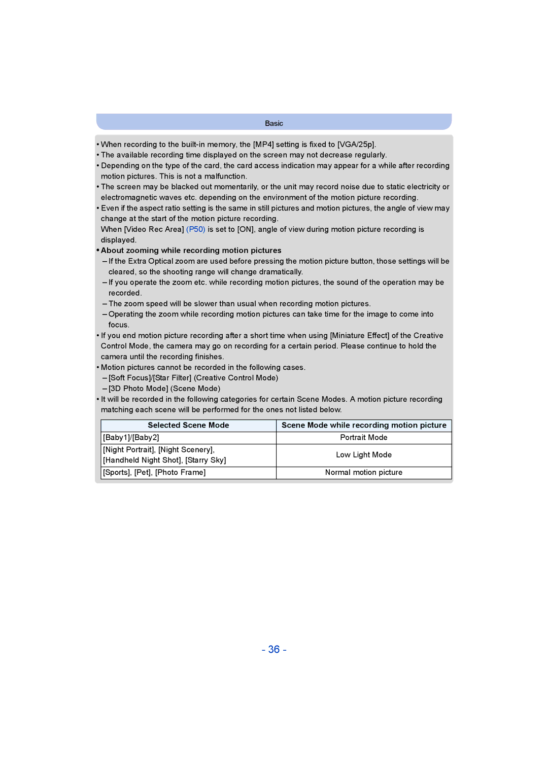 Panasonic DMC-SZ9 manual About zooming while recording motion pictures, Selected Scene Mode 