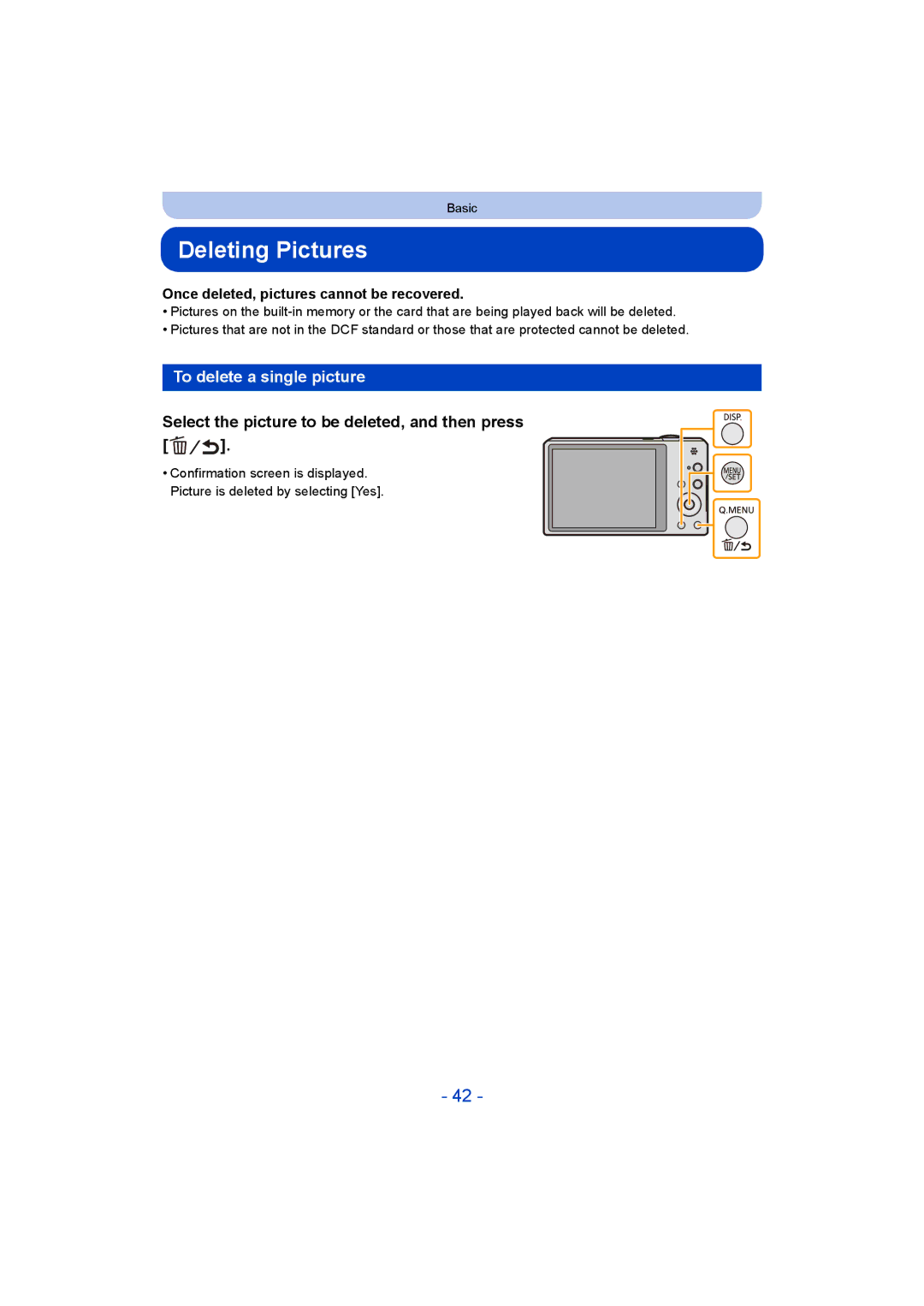 Panasonic DMC-SZ9 manual Deleting Pictures, To delete a single picture, Select the picture to be deleted, and then press 