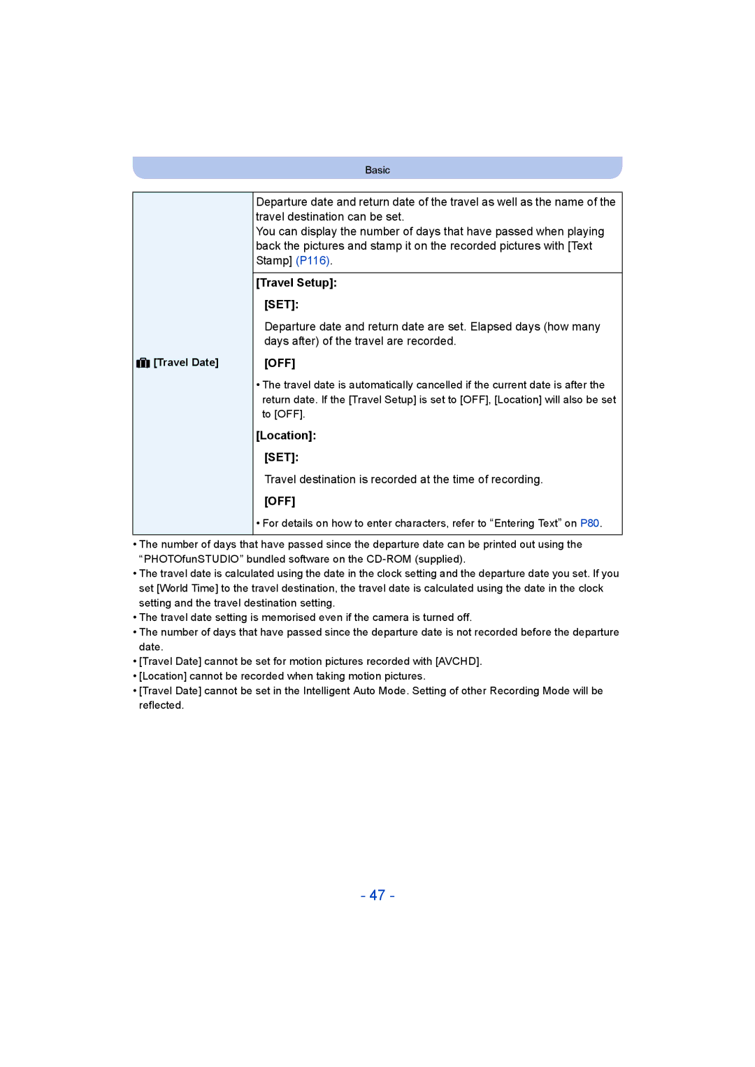 Panasonic DMC-SZ9 Travel Setup SET, Location SET, Travel destination is recorded at the time of recording, Travel Date 