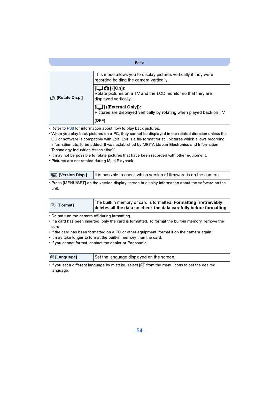 Panasonic DMC-SZ9 manual Set the language displayed on the screen, Rotate Disp, External Only, Version Disp, ~ Language 