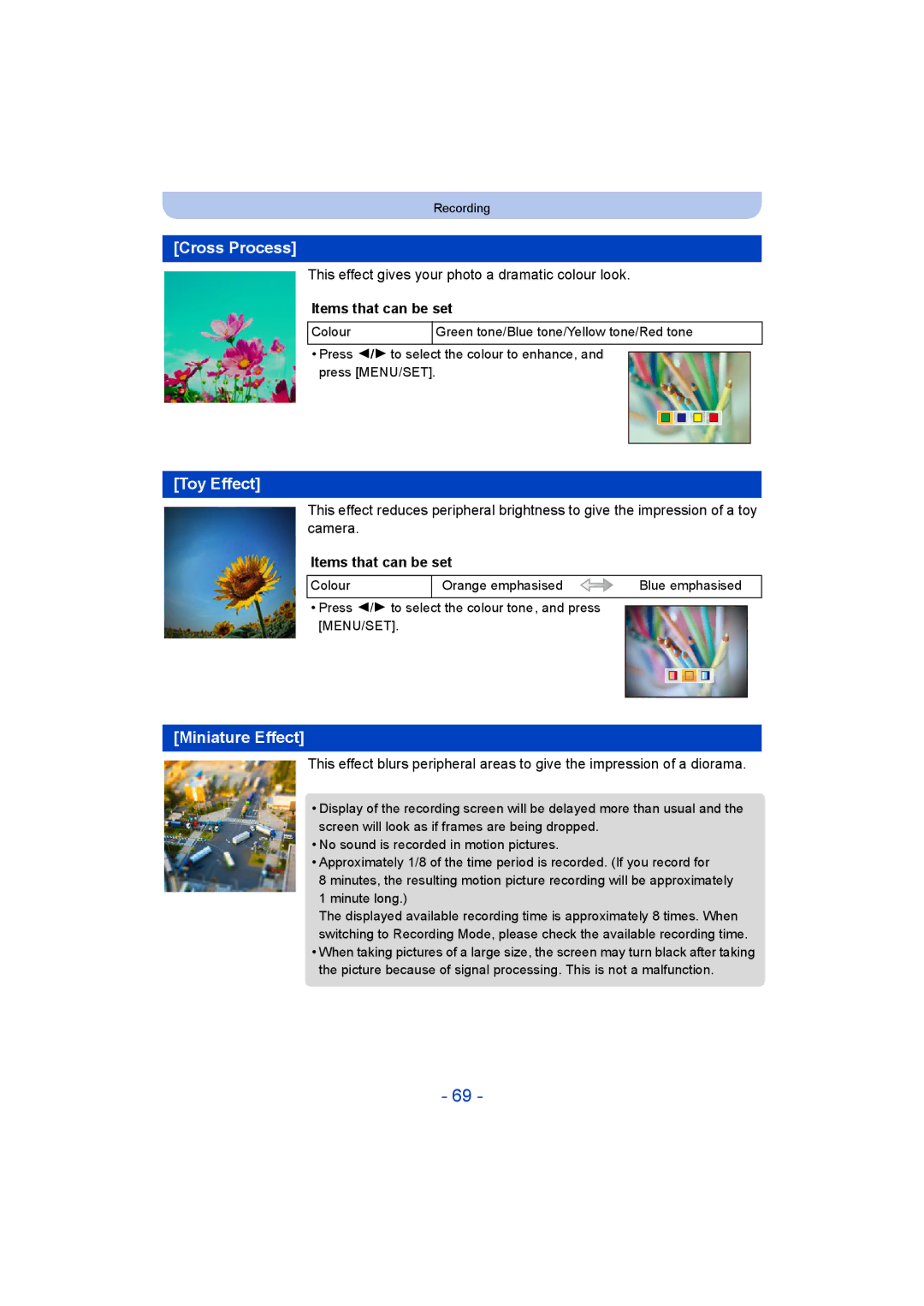 Panasonic DMC-SZ9 manual Cross Process, Toy Effect, Miniature Effect, This effect gives your photo a dramatic colour look 
