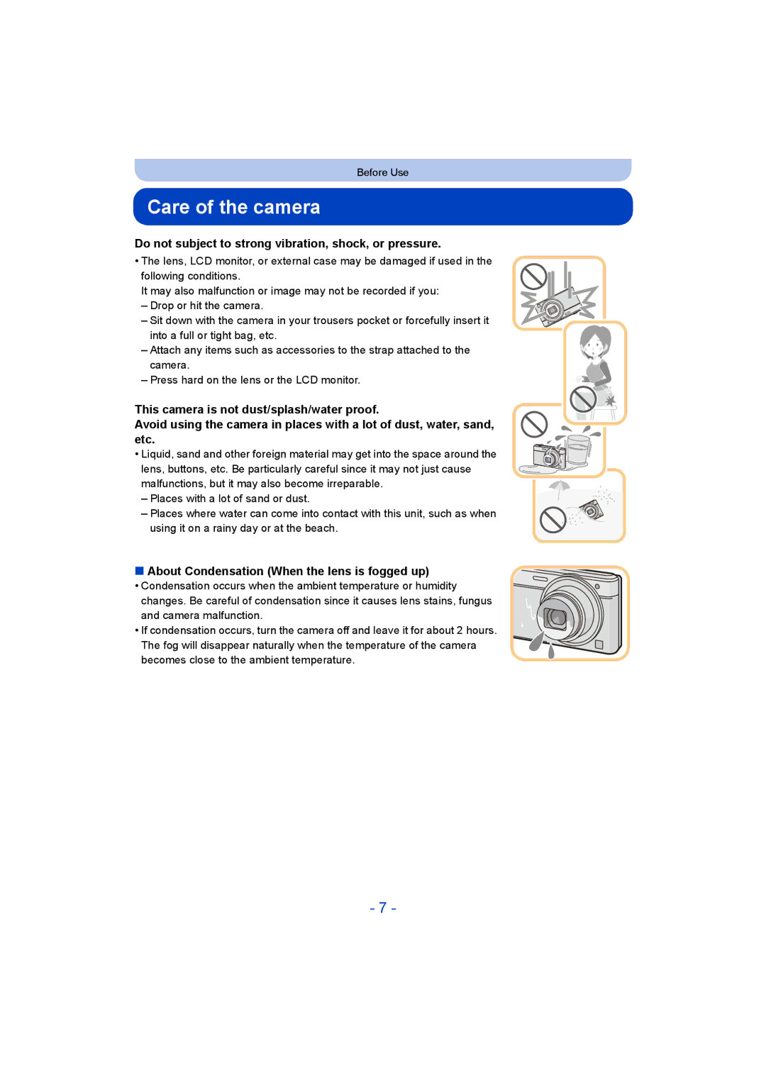 Panasonic DMC-SZ9 manual Care of the camera, Do not subject to strong vibration, shock, or pressure 