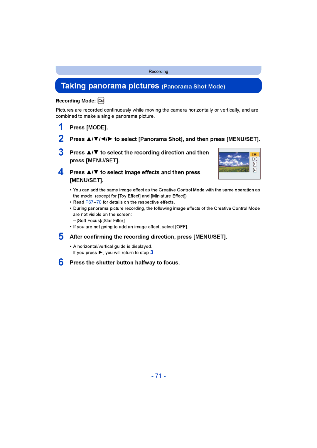 Panasonic DMC-SZ9 Taking panorama pictures Panorama Shot Mode, After confirming the recording direction, press MENU/SET 