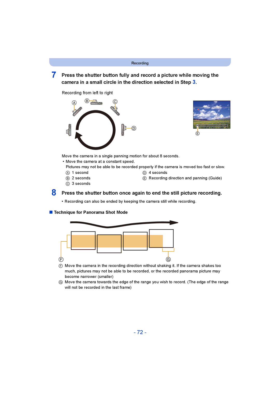 Panasonic DMC-SZ9 manual Recording from left to right, Technique for Panorama Shot Mode, Second Seconds 