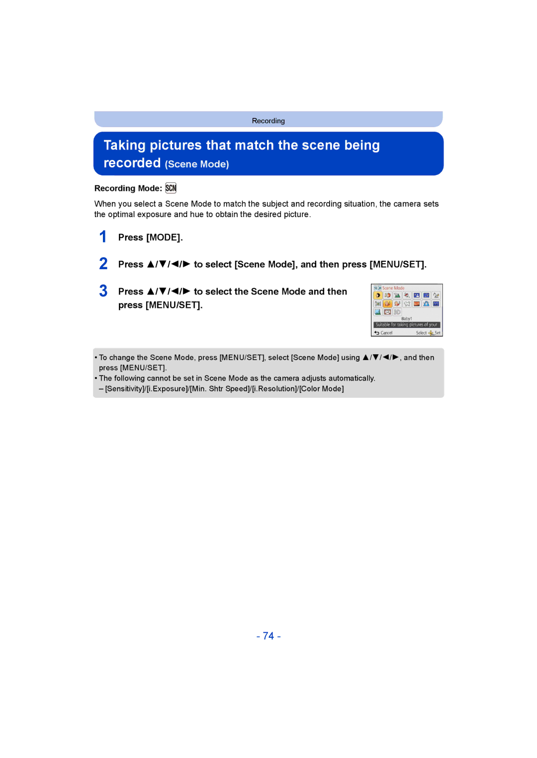 Panasonic DMC-SZ9 manual Taking pictures that match the scene being recorded, Recording Mode 