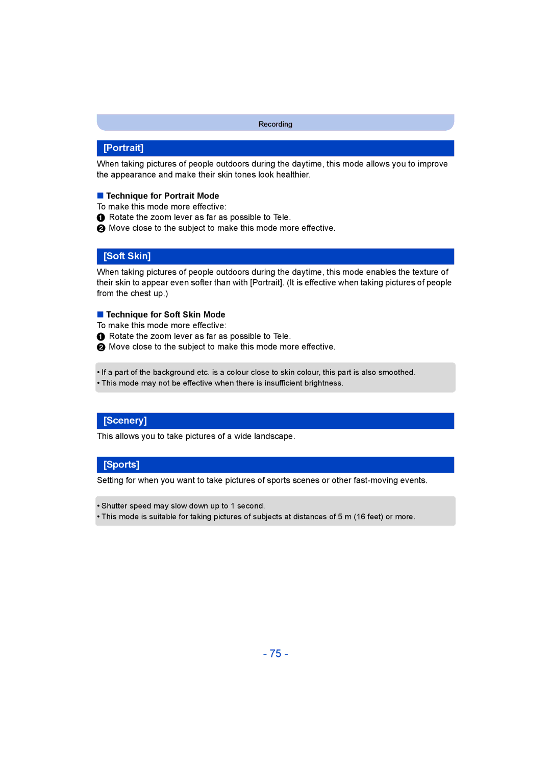 Panasonic DMC-SZ9 manual Portrait, Soft Skin, Scenery, Sports, This allows you to take pictures of a wide landscape 