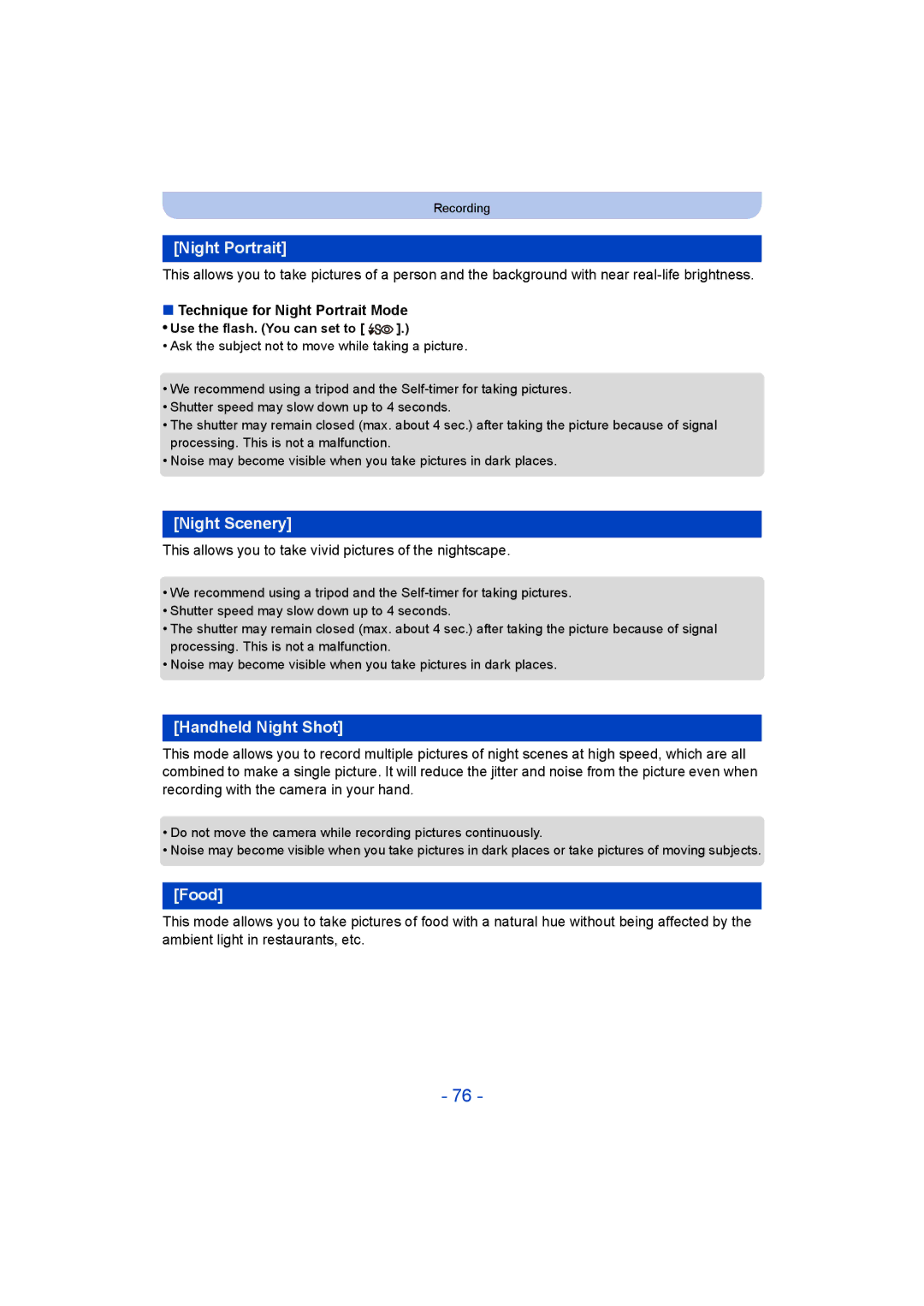 Panasonic DMC-SZ9 manual Night Scenery, Handheld Night Shot, Food, Technique for Night Portrait Mode 
