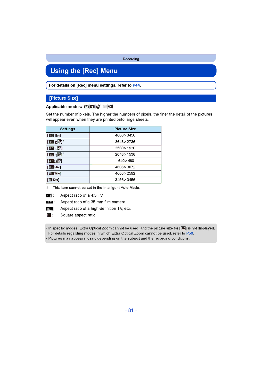 Panasonic DMC-SZ9 manual Using the Rec Menu, Picture Size, For details on Rec menu settings, refer to P44 