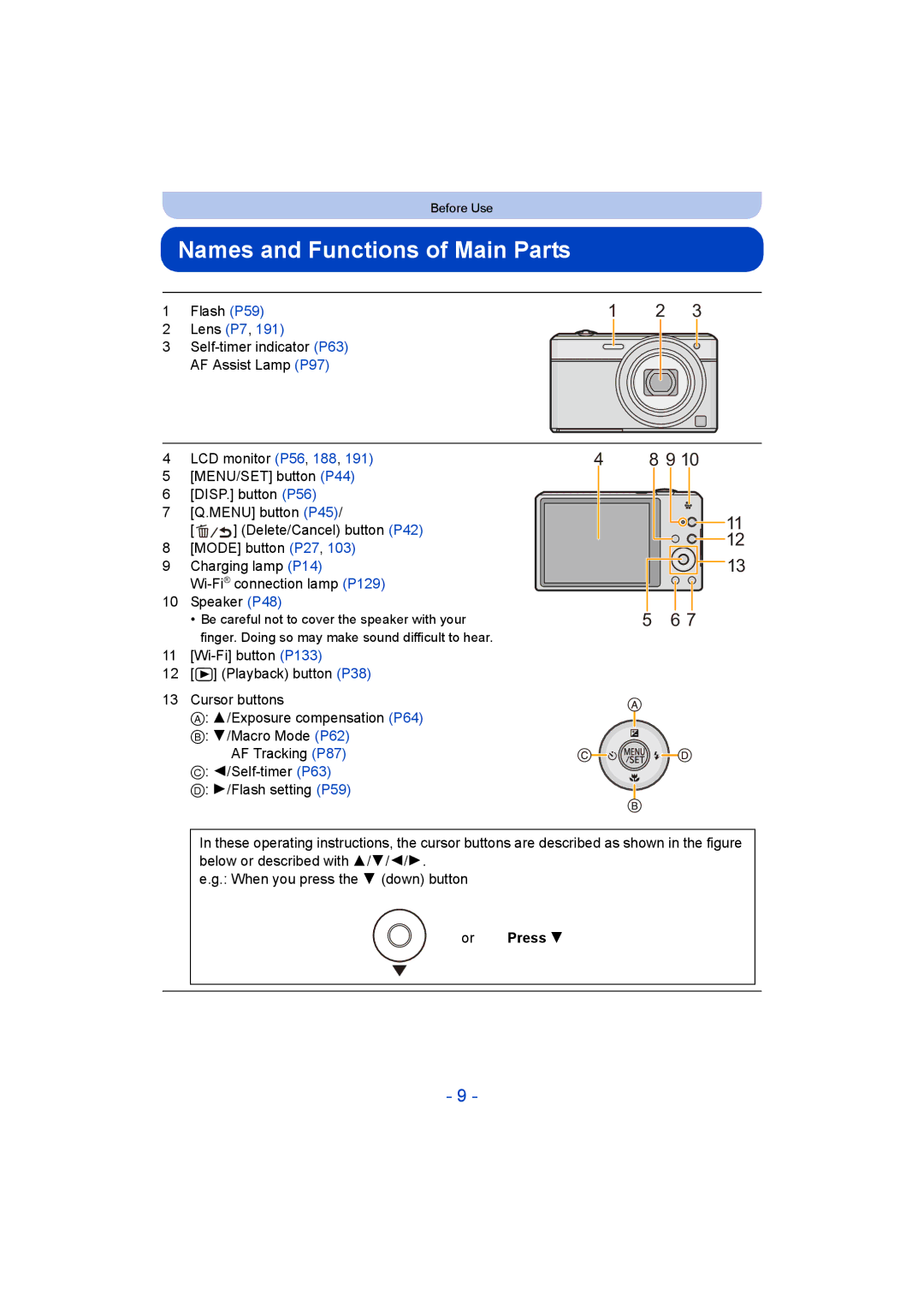 Panasonic DMC-SZ9 manual Names and Functions of Main Parts, Or Press 