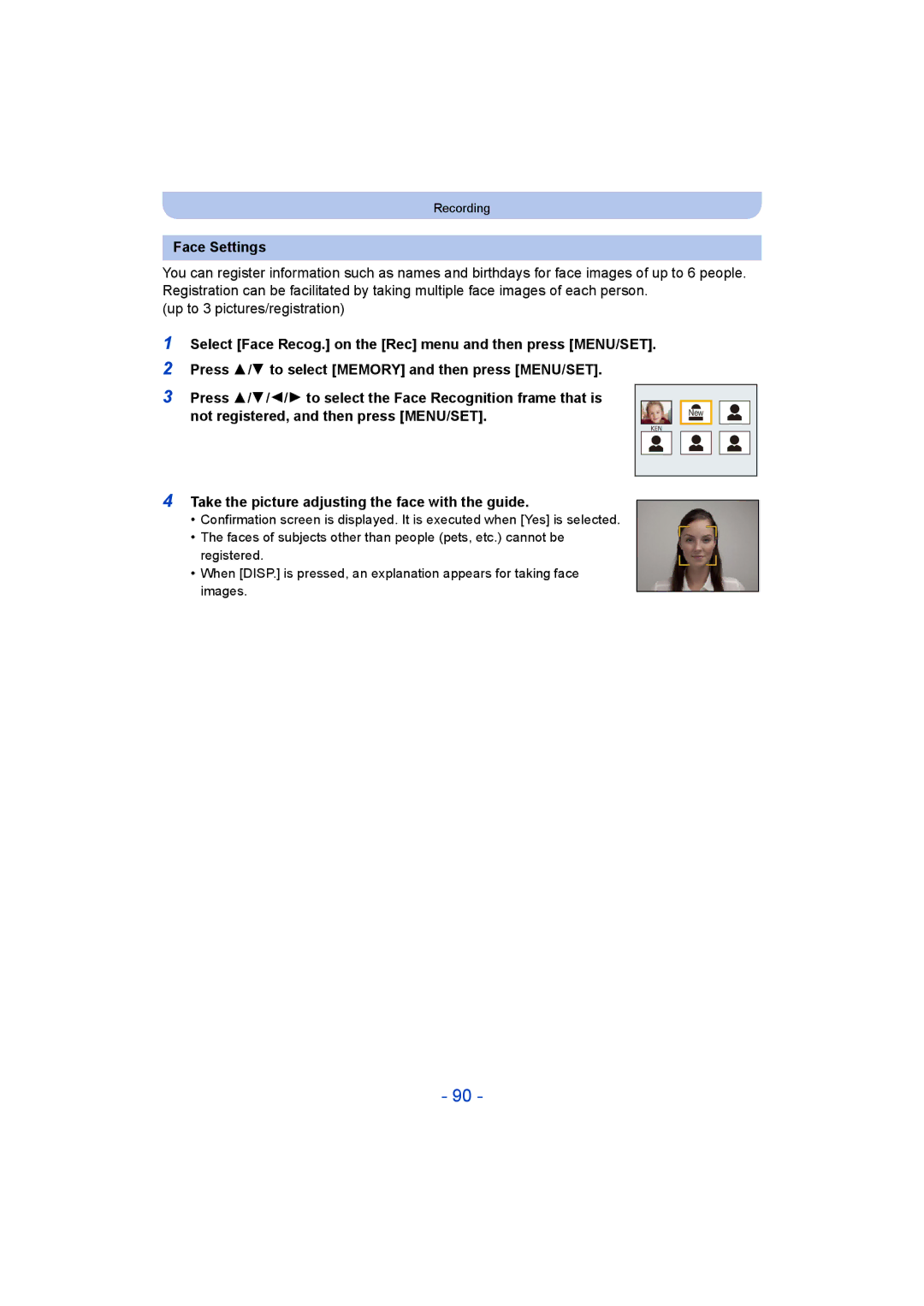 Panasonic DMC-SZ9 manual Face Settings, Take the picture adjusting the face with the guide 