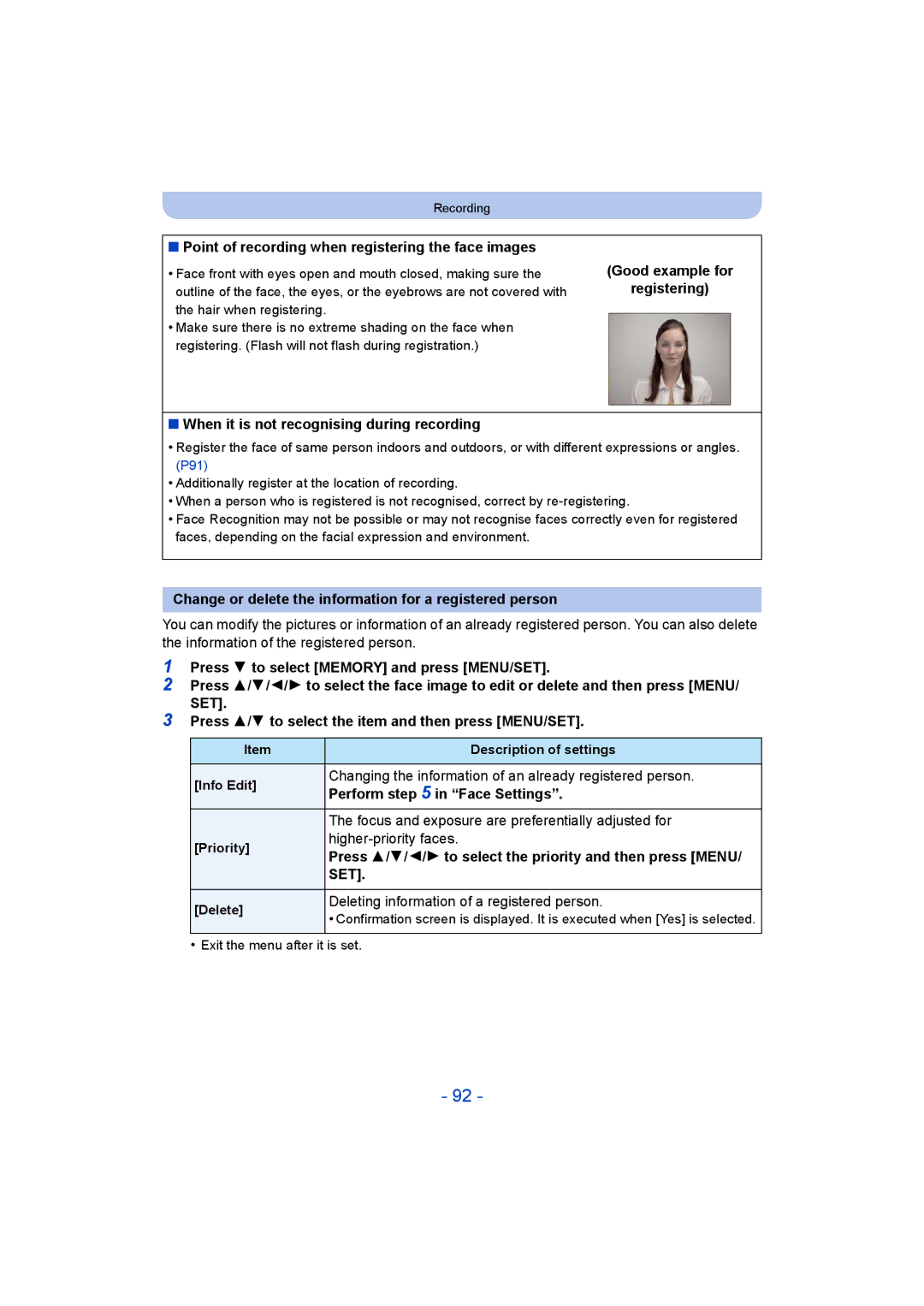 Panasonic DMC-SZ9 manual Point of recording when registering the face images, Perform in Face Settings 