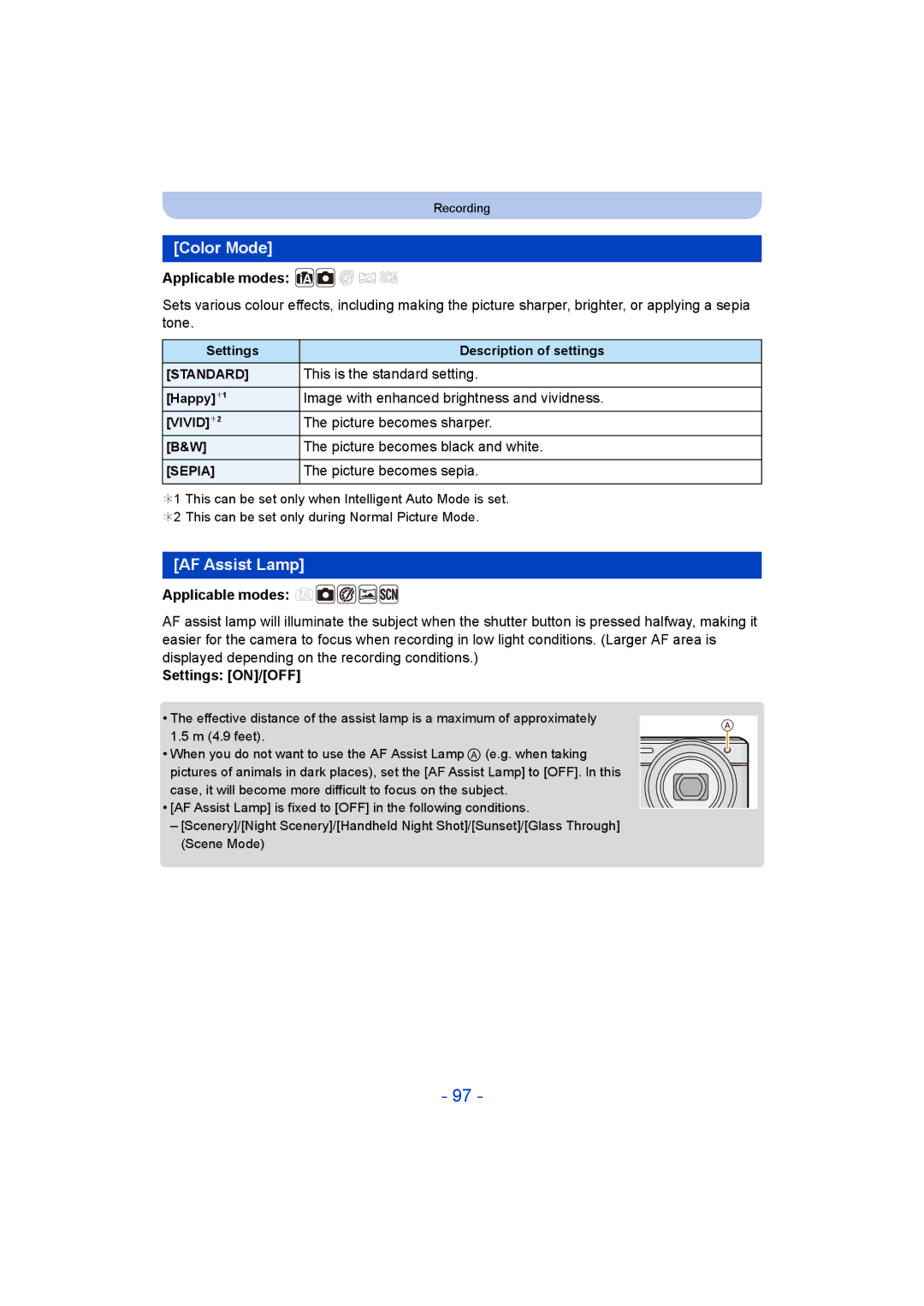 Panasonic DMC-SZ9 manual Color Mode, AF Assist Lamp 