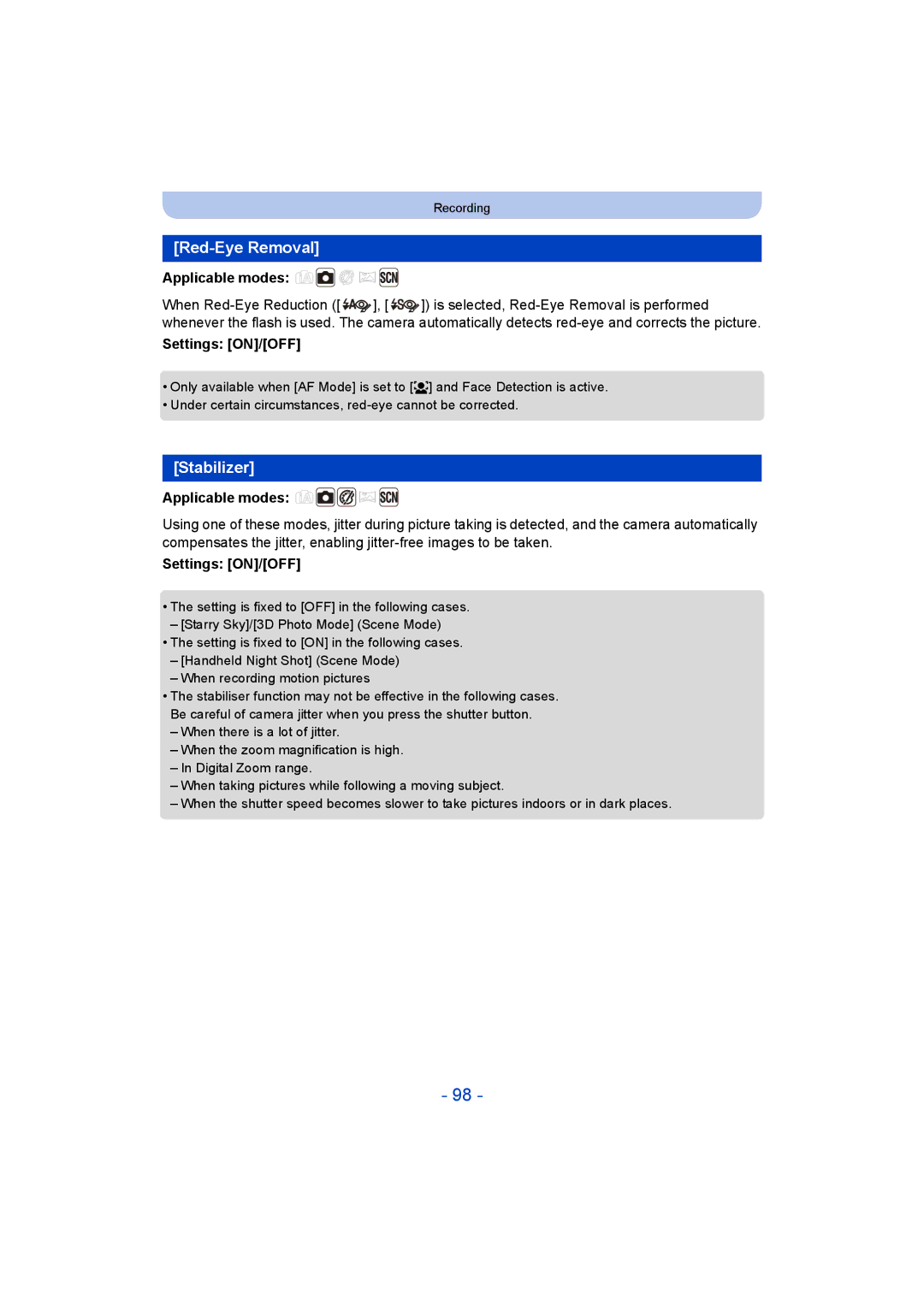 Panasonic DMC-SZ9 manual Red-Eye Removal, Stabilizer 