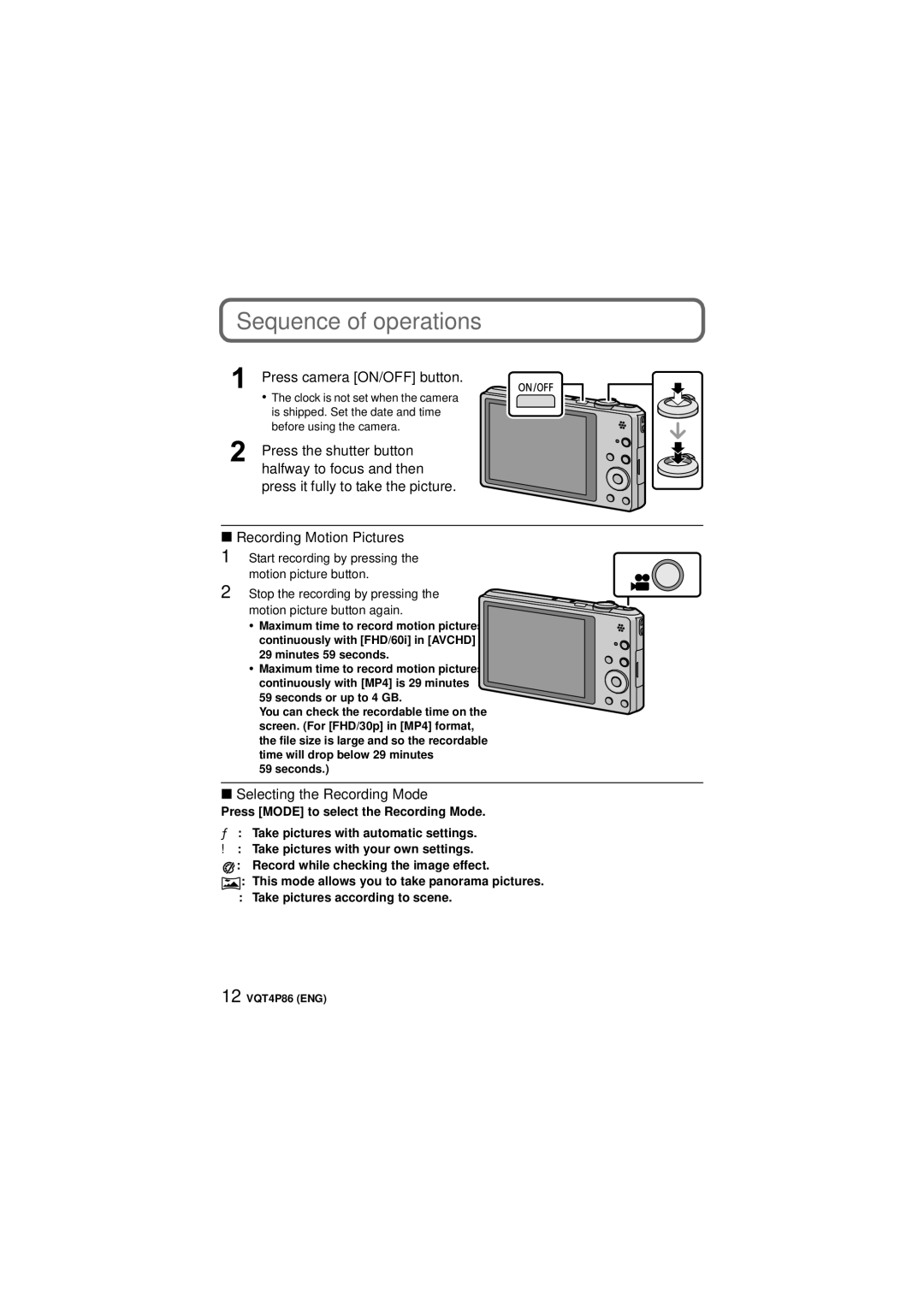 Panasonic DMC-SZ9 owner manual Sequence of operations, Press camera ON/OFF button, Recording Motion Pictures 