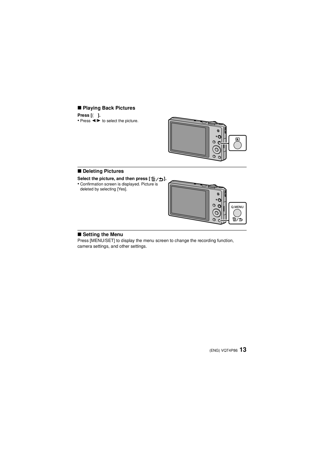 Panasonic DMC-SZ9 owner manual Playing Back Pictures, Deleting Pictures, Setting the Menu 