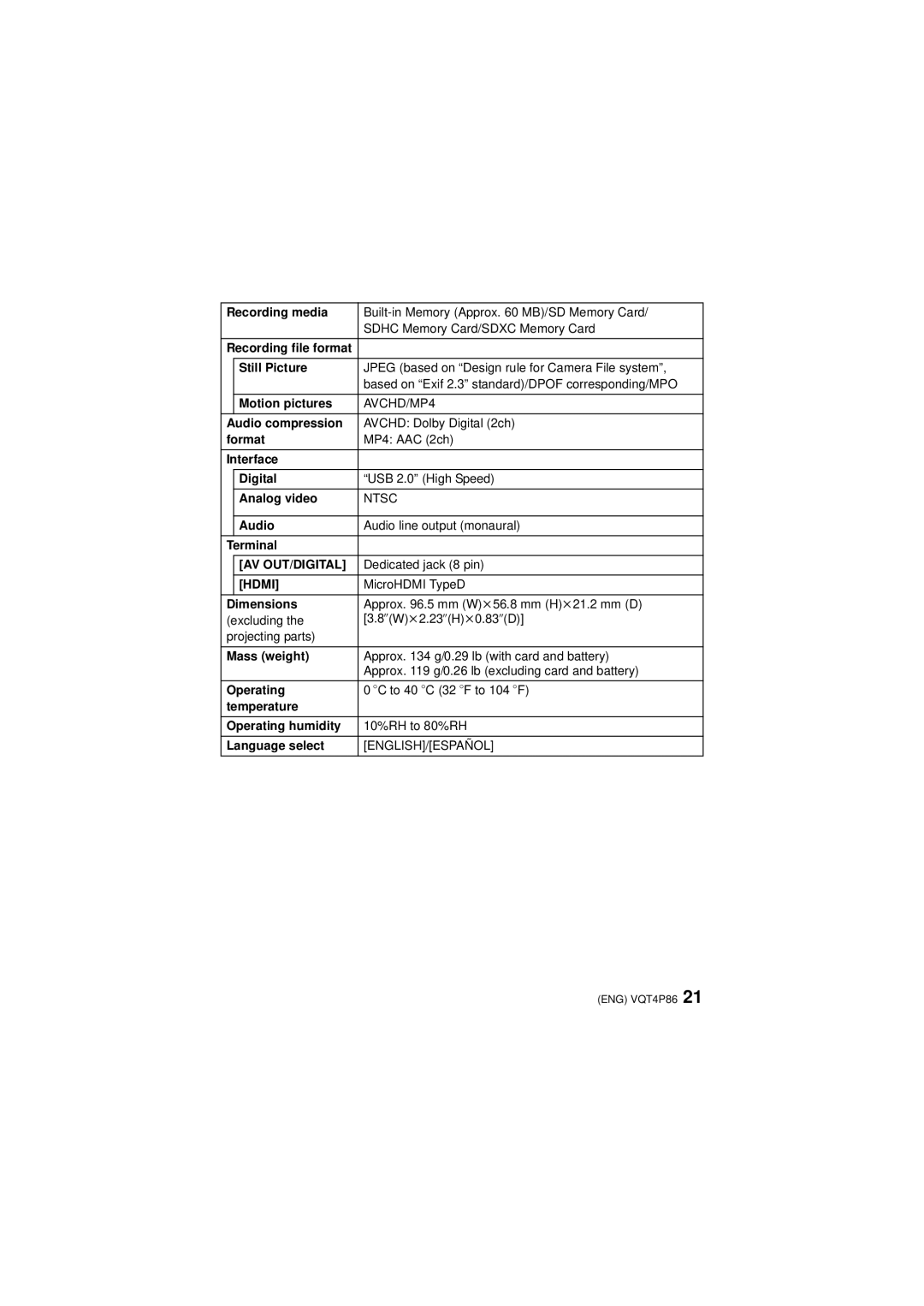 Panasonic DMC-SZ9 Recording media, Recording file format Still Picture, Motion pictures, Audio compression, Format 