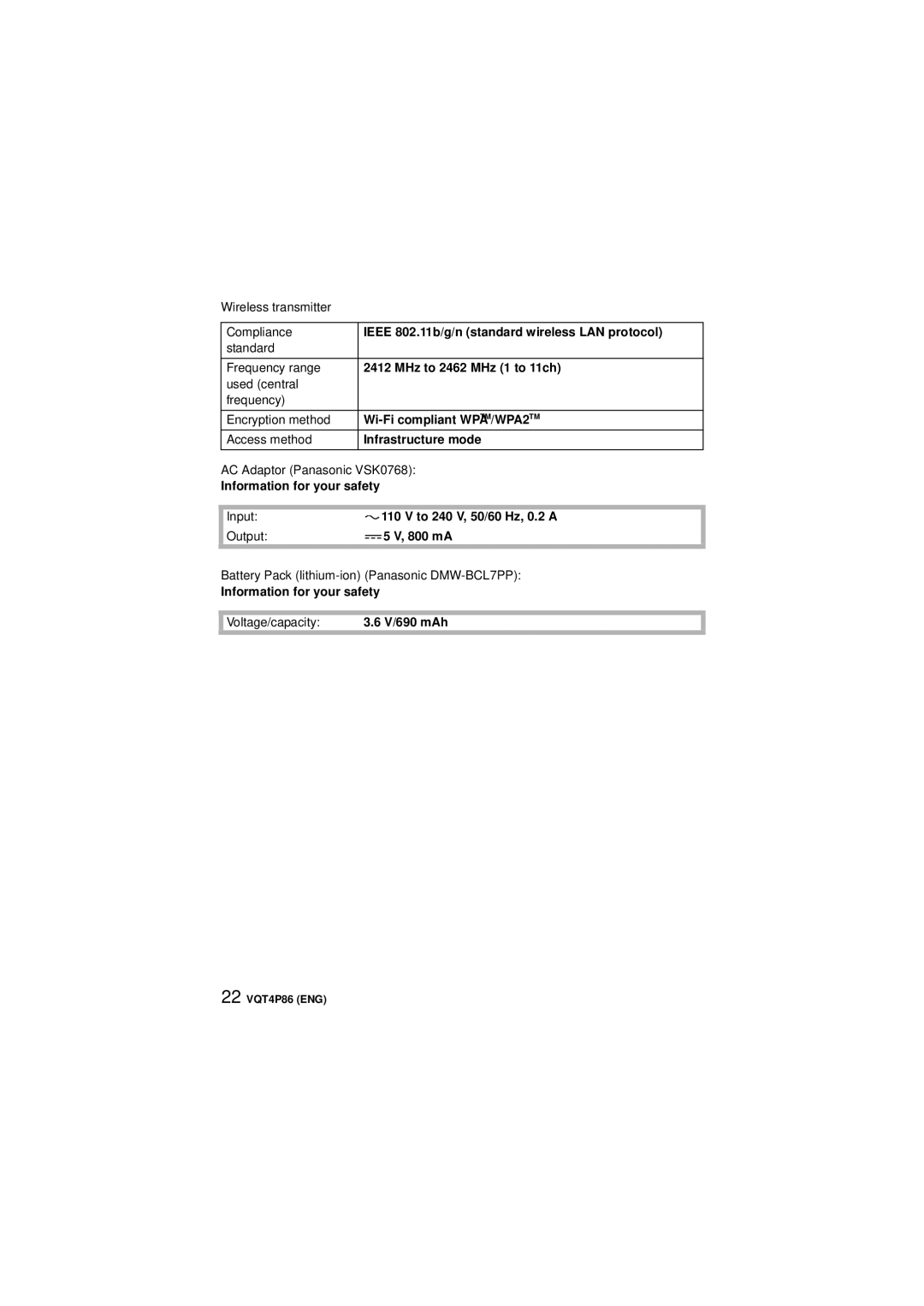 Panasonic DMC-SZ9 owner manual Voltage/capacity V/690 mAh 