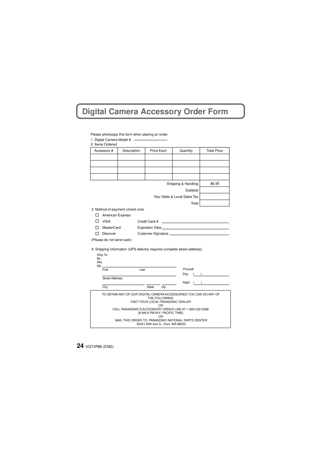 Panasonic DMC-SZ9 owner manual Digital Camera Accessory Order Form, Visa 