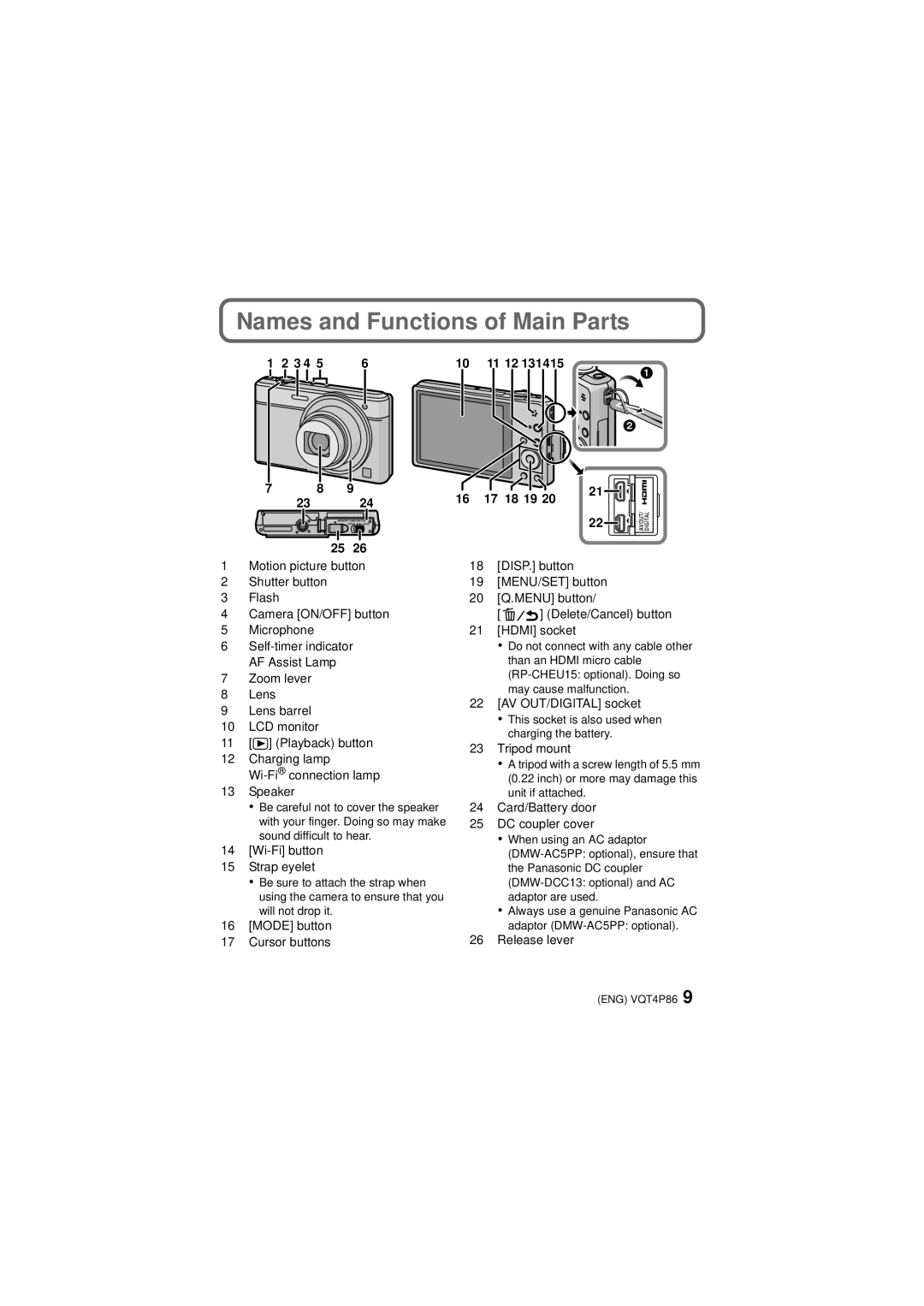 Panasonic DMC-SZ9 owner manual Names and Functions of Main Parts, 10 11 12 17 18 19 