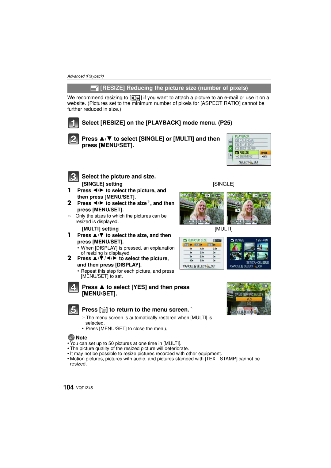 Panasonic DMCTZ1S Resize Reducing the picture size number of pixels, Single, ¢ Only the sizes to which the pictures can be 