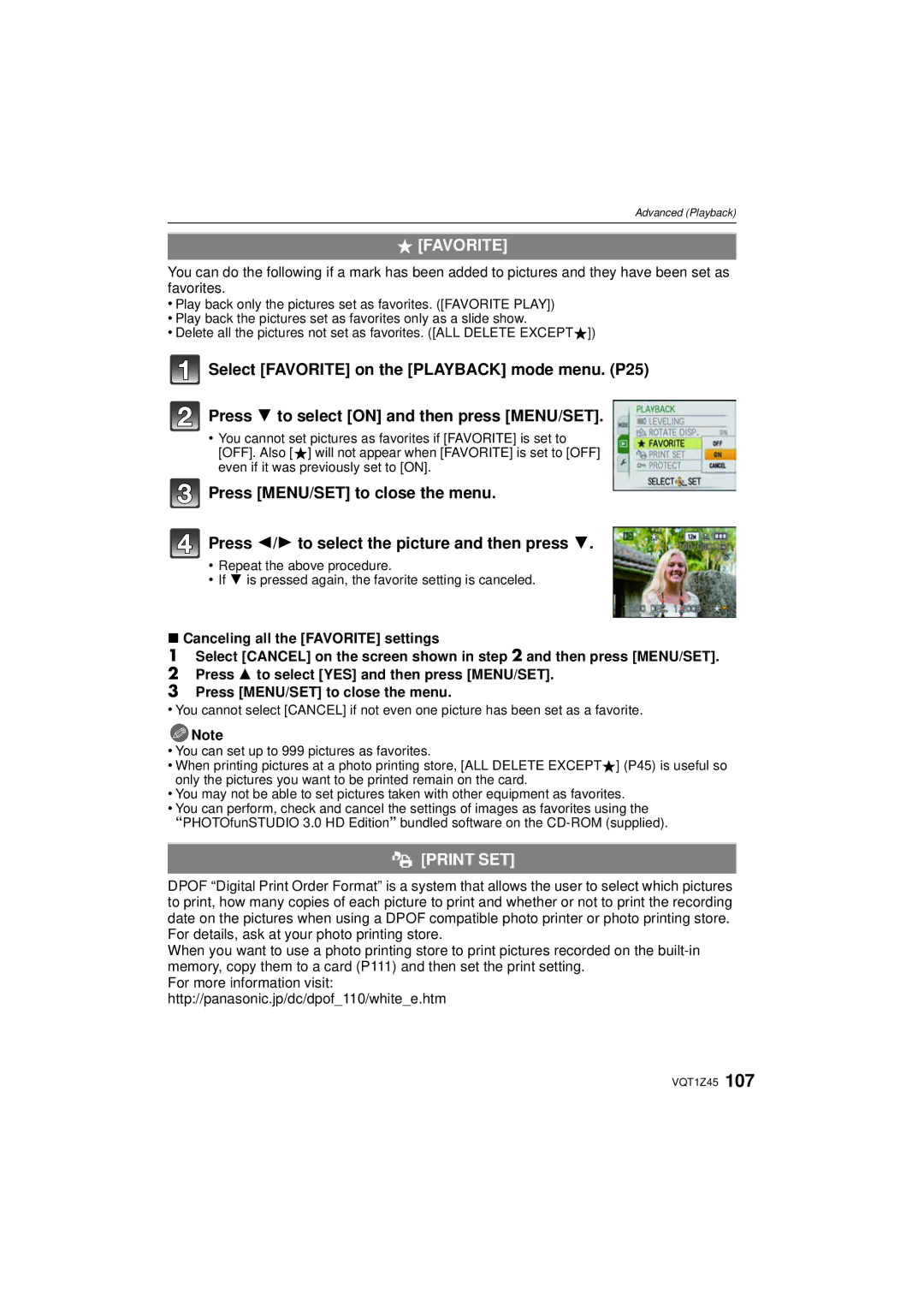 Panasonic DMCTS1D, DMC-TS1, DMCTS1S, DMCTZ1K, DMCTZ1S operating instructions Favorite, Print SET 