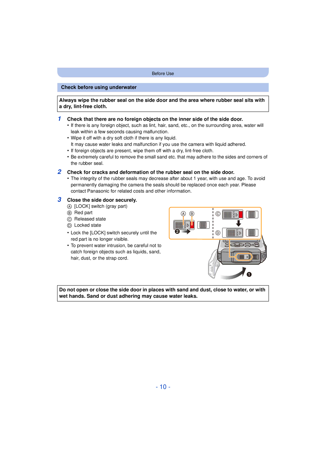 Panasonic DMC-TS25 owner manual Check before using underwater, Close the side door securely 