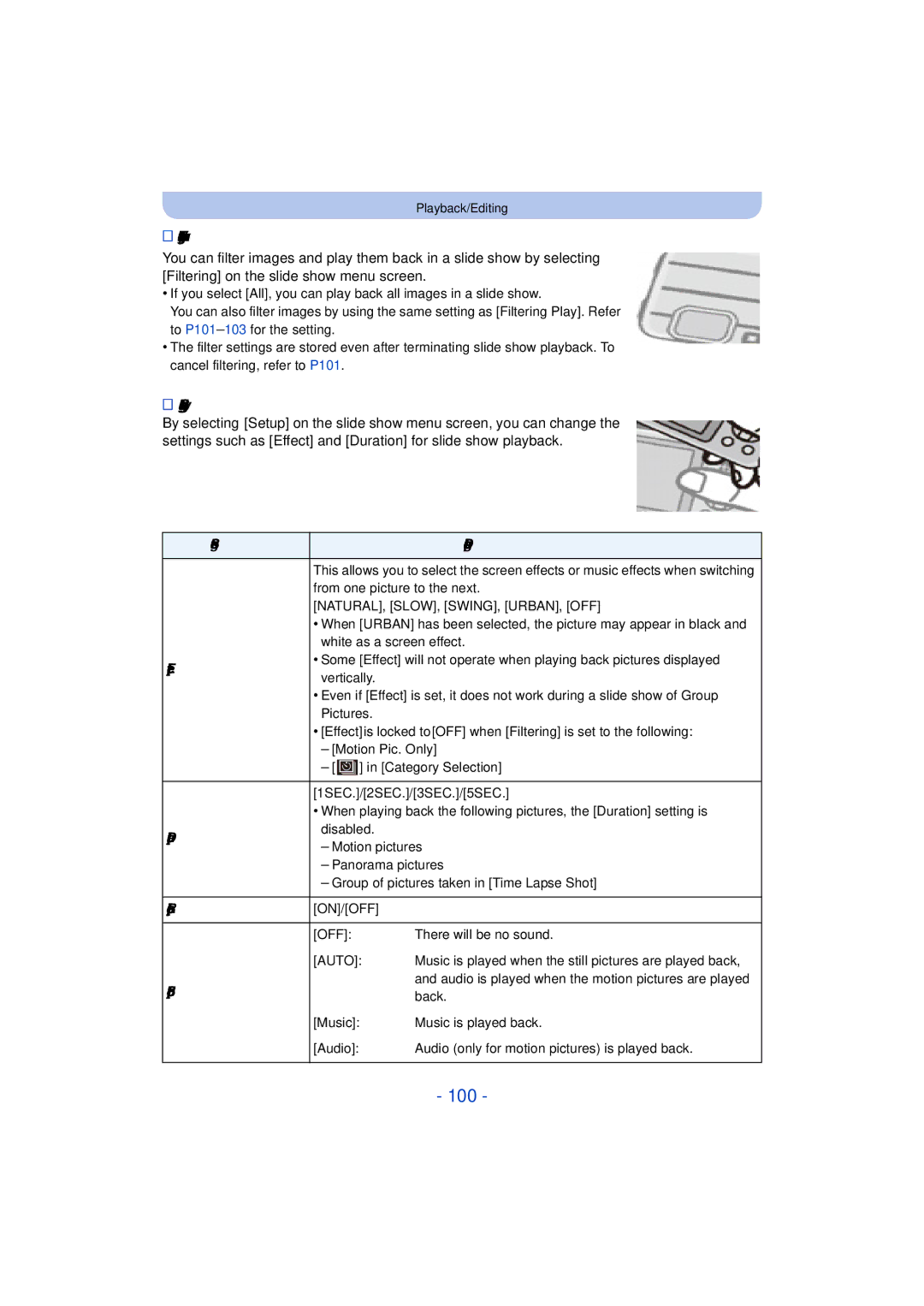 Panasonic DMC-TS25 owner manual 100, To filter images for slide show playback, Changing the slide show settings 