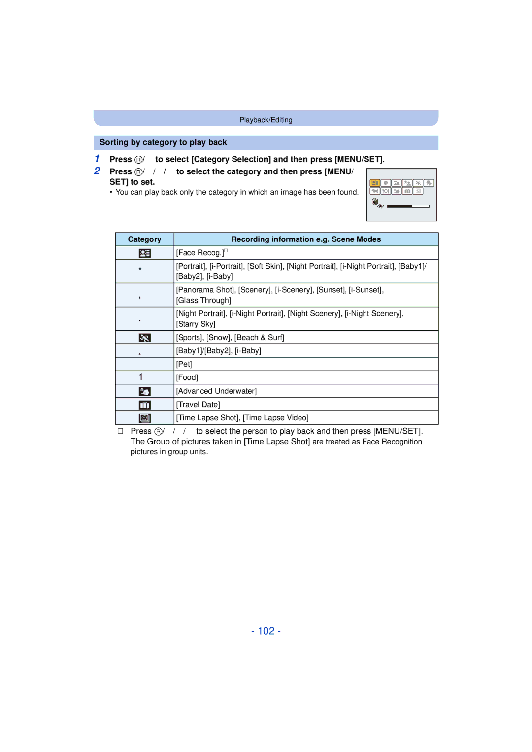 Panasonic DMC-TS25 owner manual 102, Category Recording information e.g. Scene Modes 