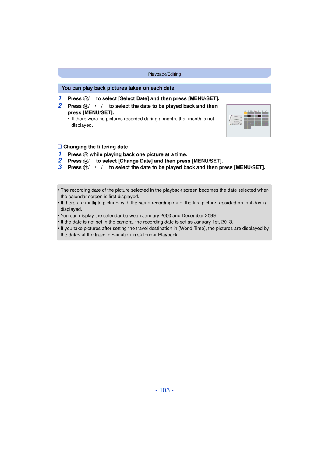 Panasonic DMC-TS25 owner manual 103, Changing the filtering date 