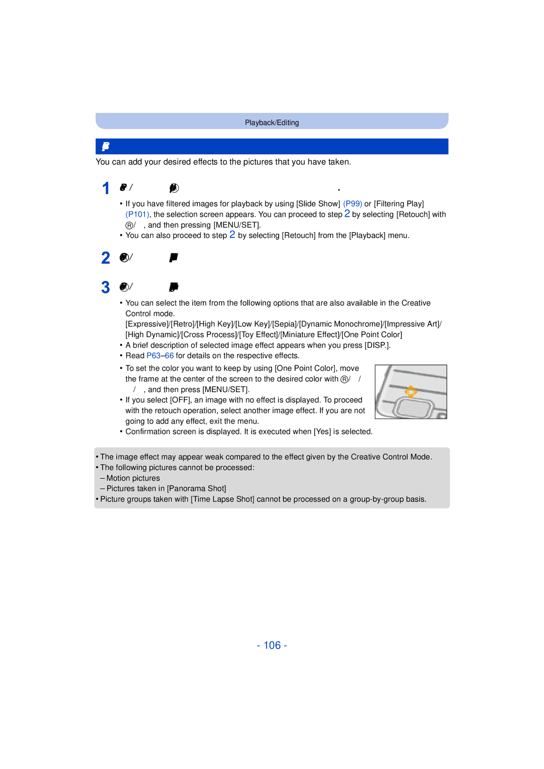 Panasonic DMC-TS25 owner manual 106, Creative Retouch 