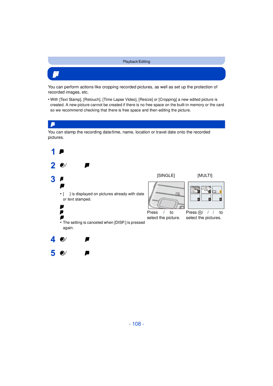 Panasonic DMC-TS25 owner manual Using the Playback Menu, 108, Text Stamp, Press 3/4/2/1 to select the pictures 