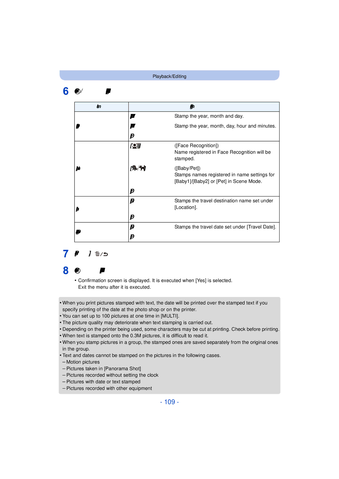 Panasonic DMC-TS25 owner manual 109, Press 3/4 to select the settings, and then press MENU/SET 