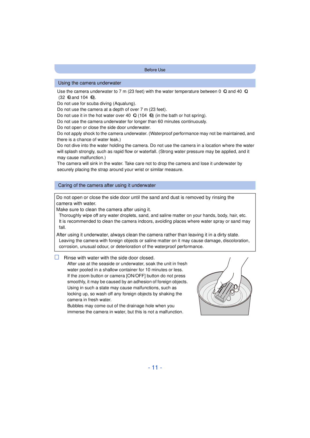 Panasonic DMC-TS25 owner manual Using the camera underwater, Rinse with water with the side door closed 