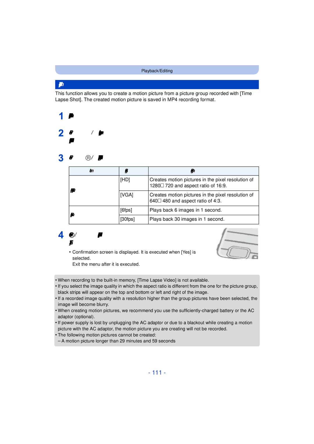 Panasonic DMC-TS25 owner manual 111, Time Lapse Video, Press 3/4 to select Start, and then press Menu 