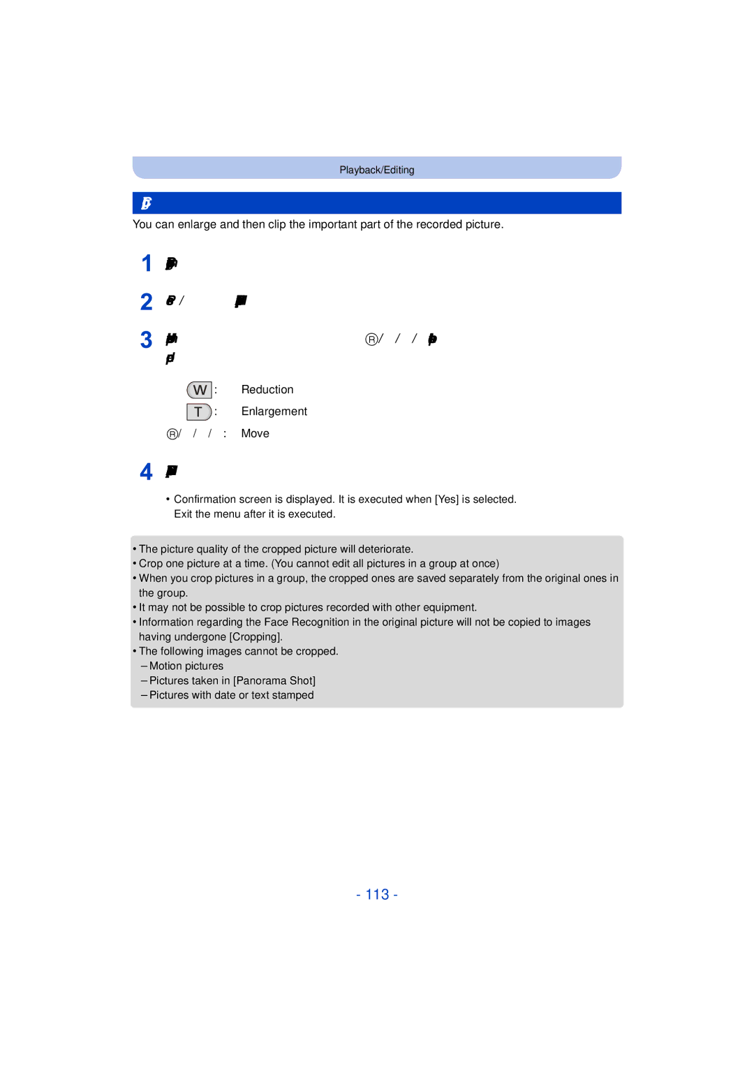 Panasonic DMC-TS25 owner manual 113, Cropping, Reduction Enlargement 2/1 Move 