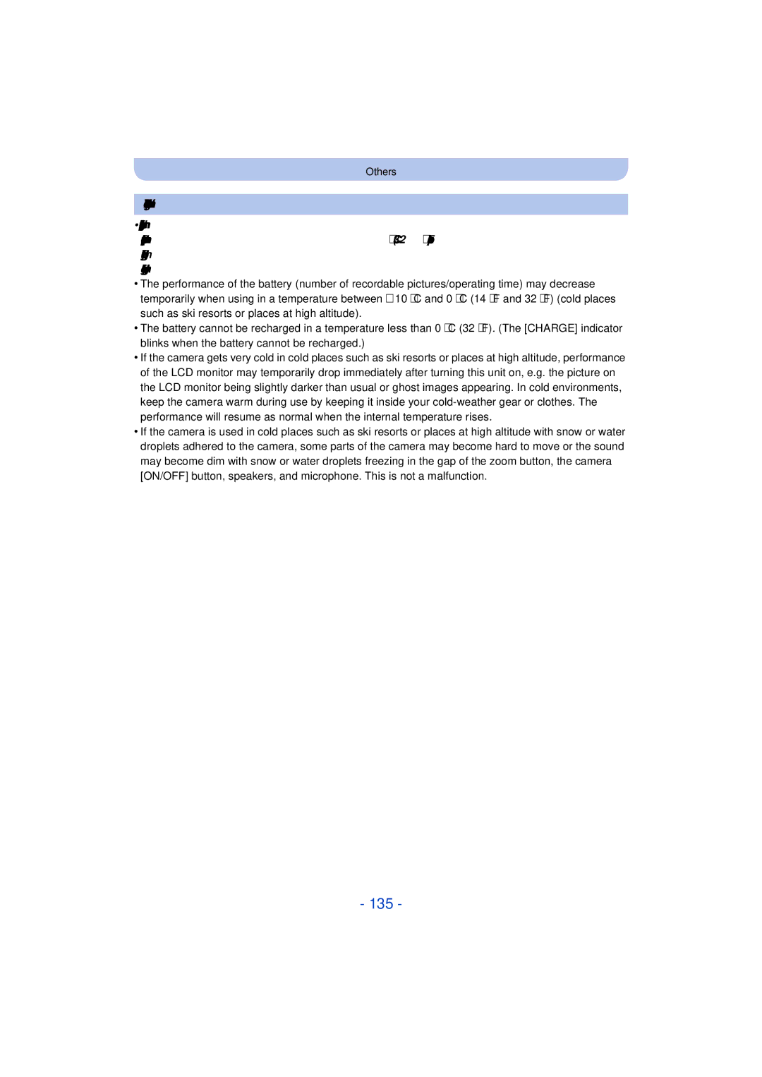 Panasonic DMC-TS25 owner manual 135, When using in a cold climate or at low temperatures 