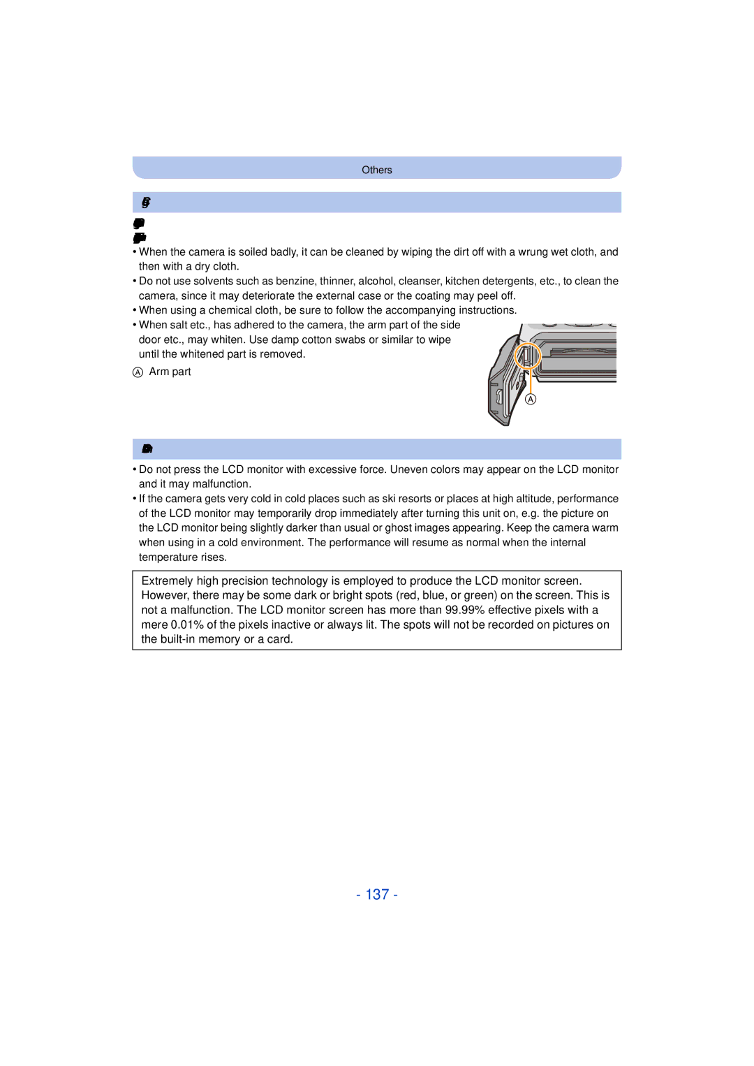 Panasonic DMC-TS25 owner manual 137, Cleaning, About the LCD monitor 