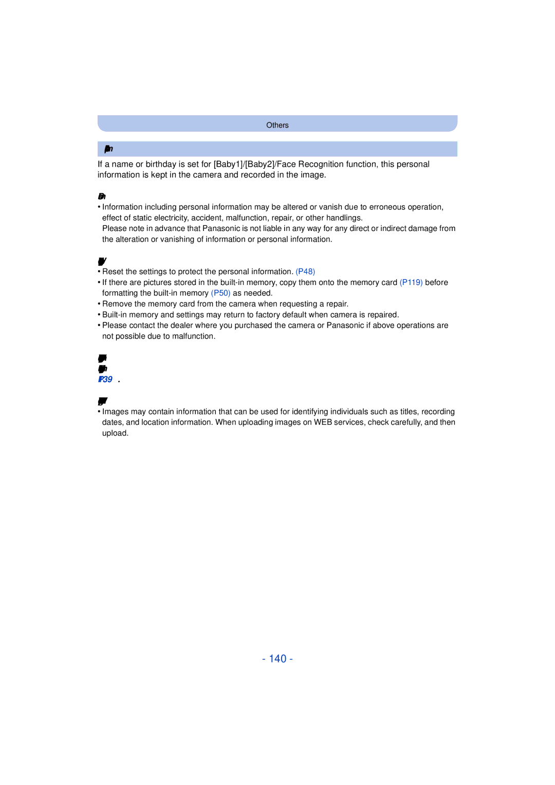 Panasonic DMC-TS25 owner manual 140, About the personal information, Disclaimer 