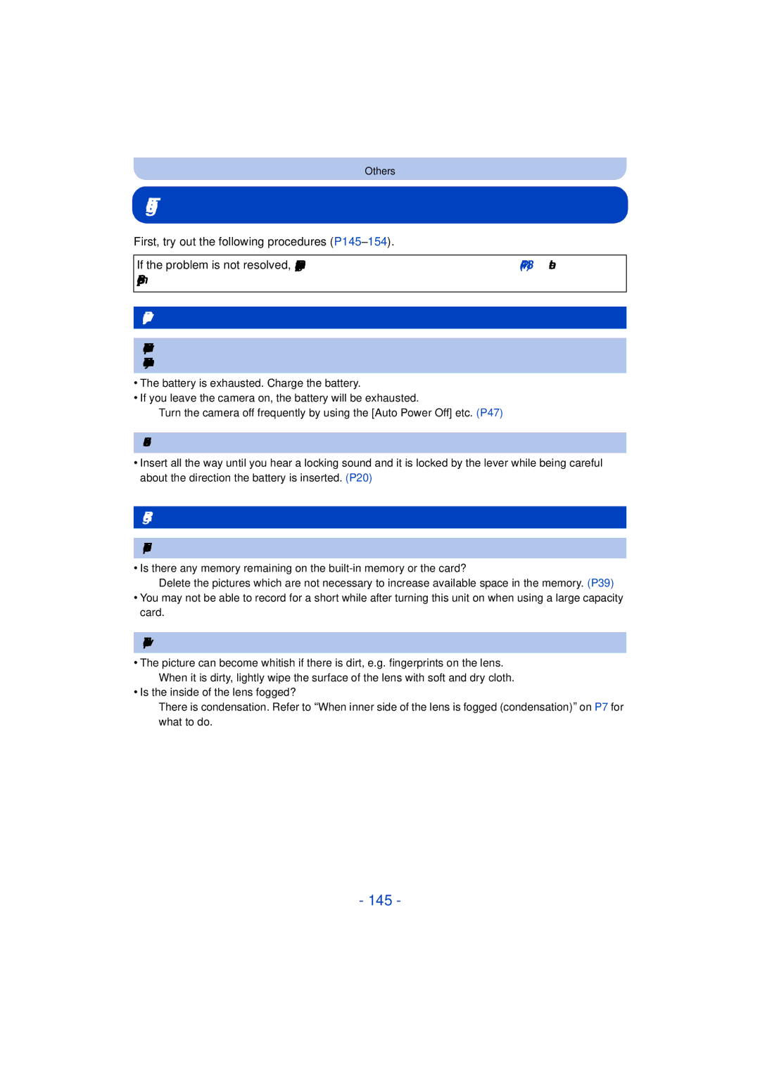 Panasonic DMC-TS25 owner manual Troubleshooting, 145, Battery and power source, Recording 